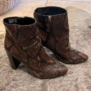 Size 8, Brown faux snake-skin zip-up booties, like new